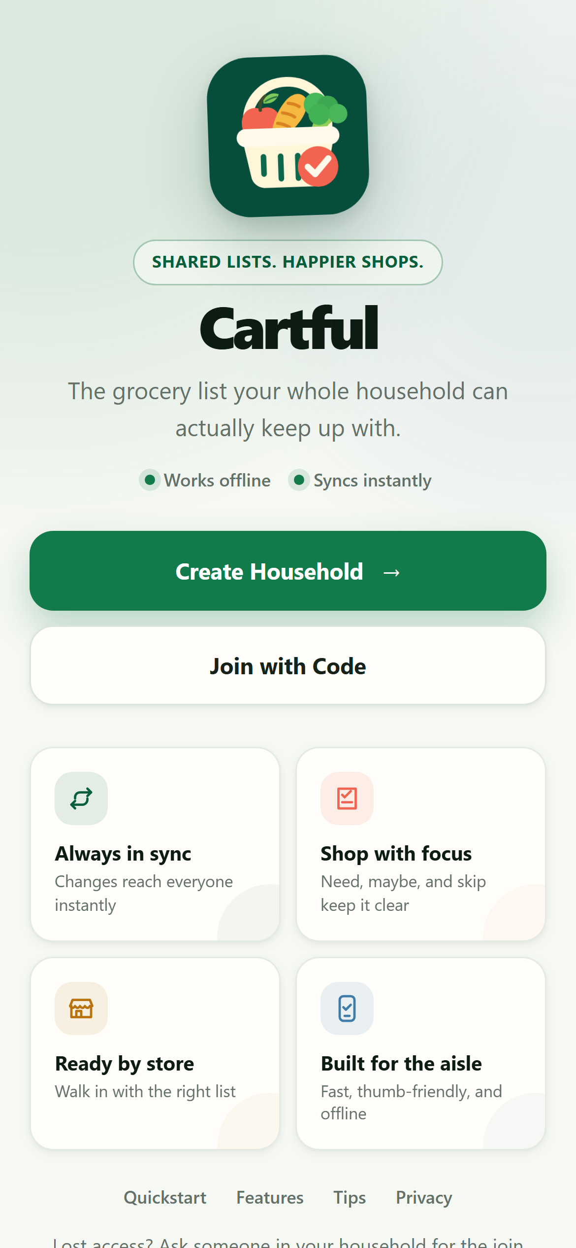 Landing screen with Create Household and Join with Code buttons