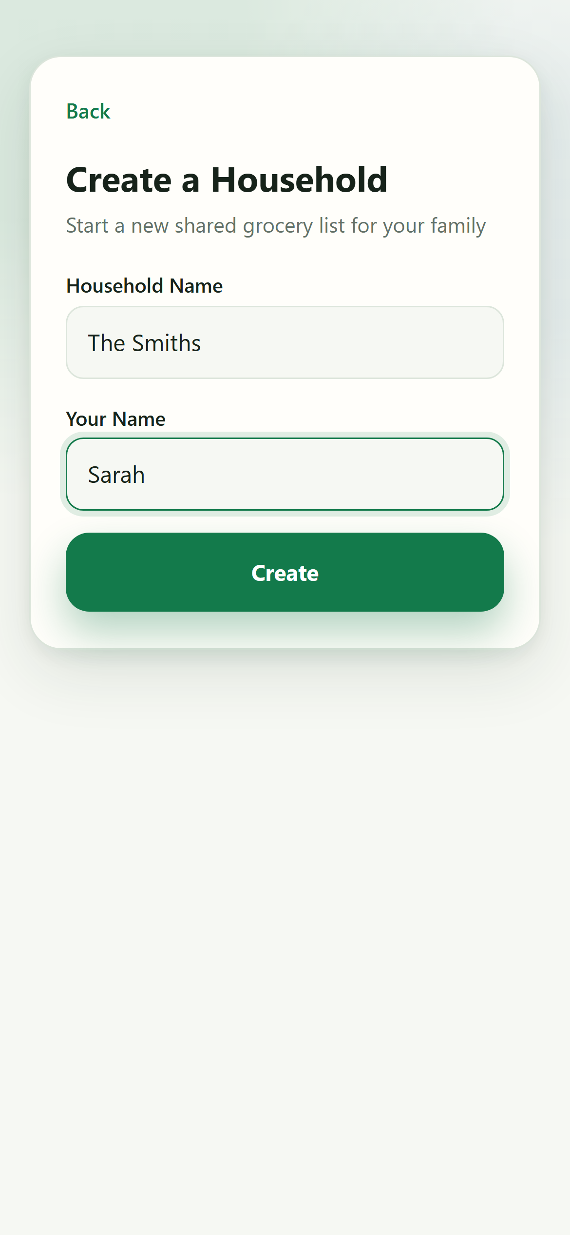 Create a Household form with Household Name and Your Name fields