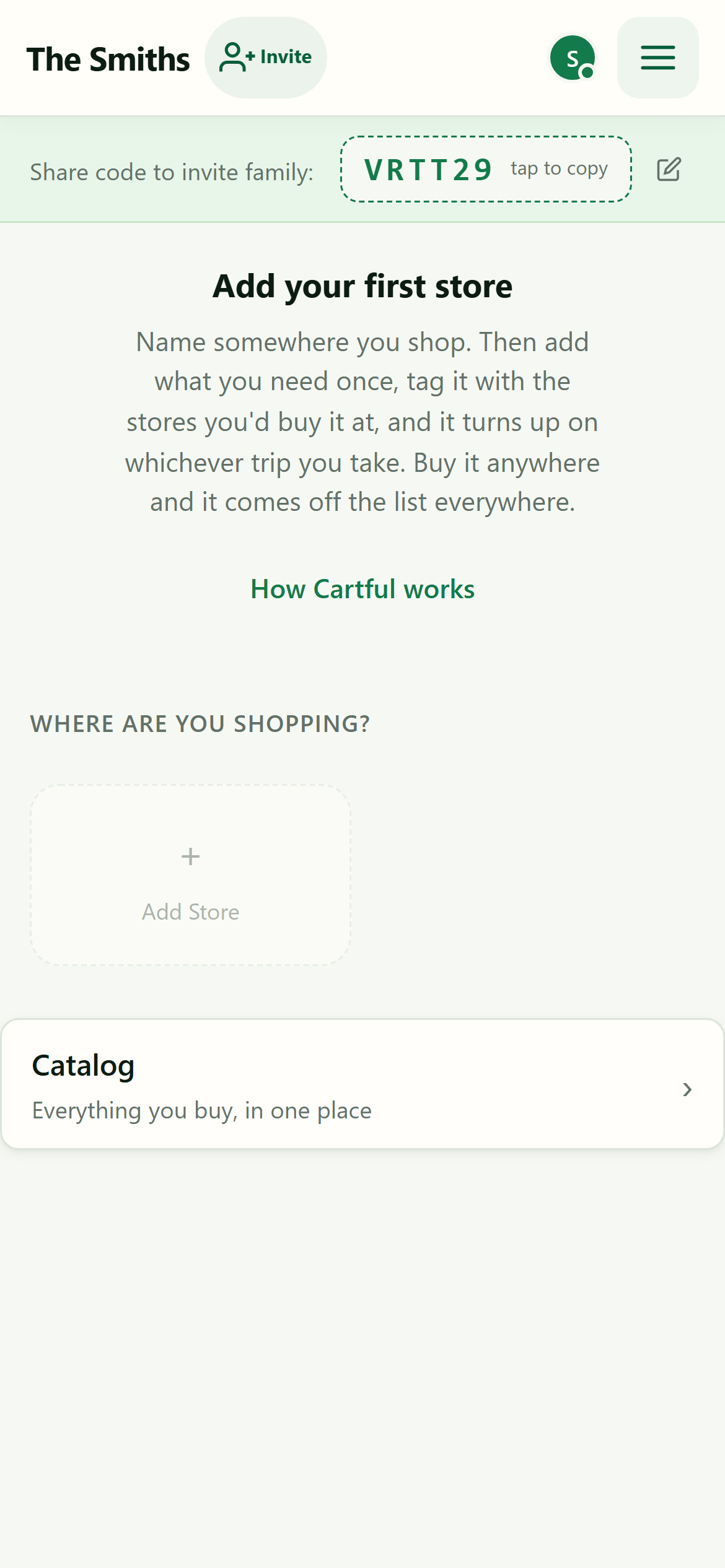 Dashboard with a share-code banner showing a 6-character join code