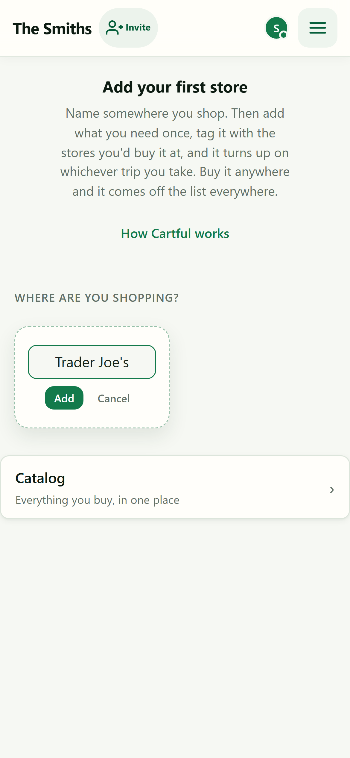 Add Store inline input with Trader Joe's typed in