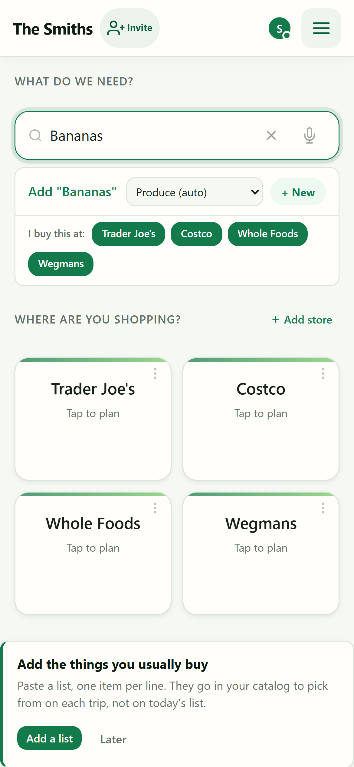 Quick need input showing Bananas with category and store chips