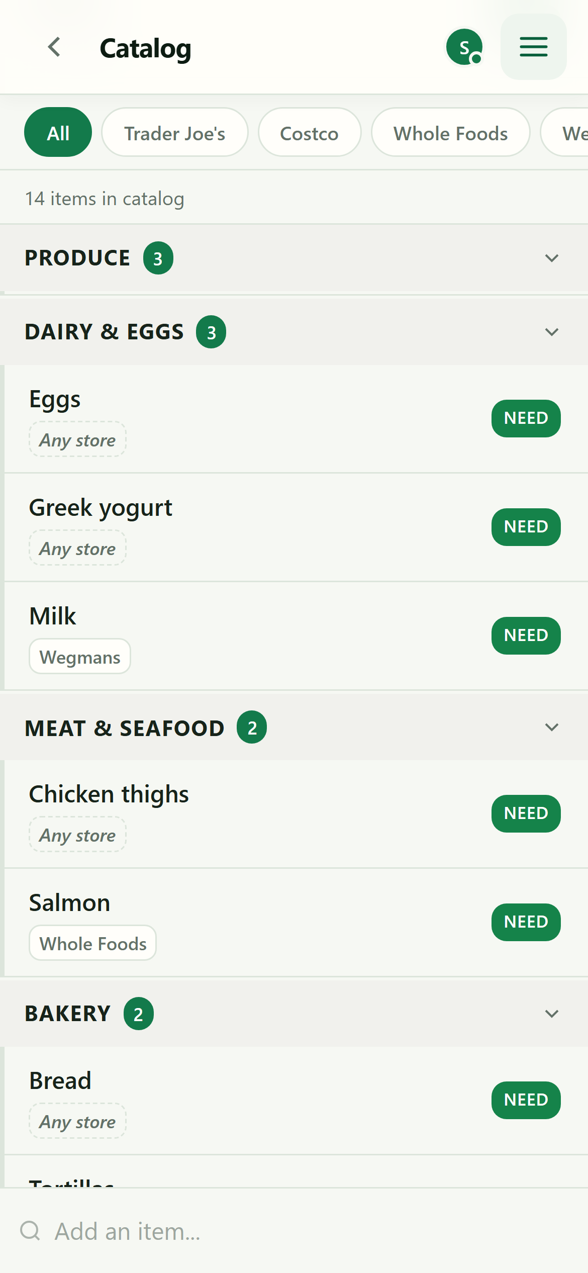 Catalog page with items grouped by category