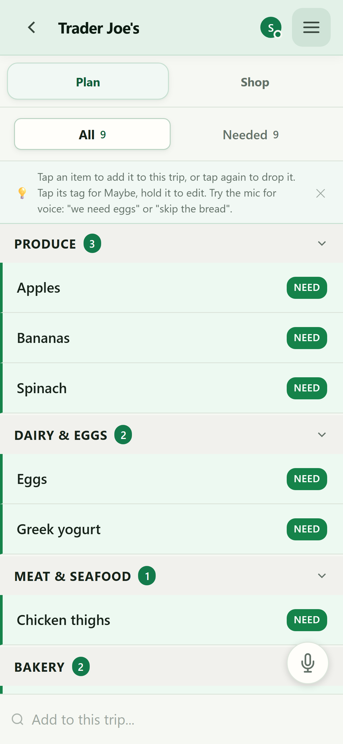 Trip planning view with items grouped by category