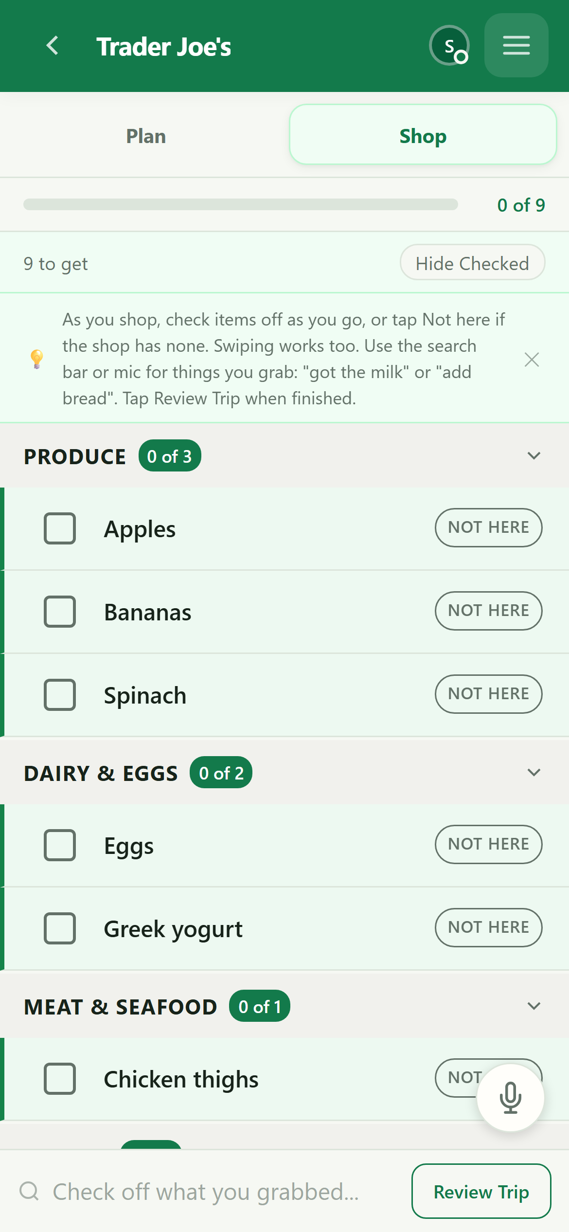 Shop tab showing progress and checkbox rows
