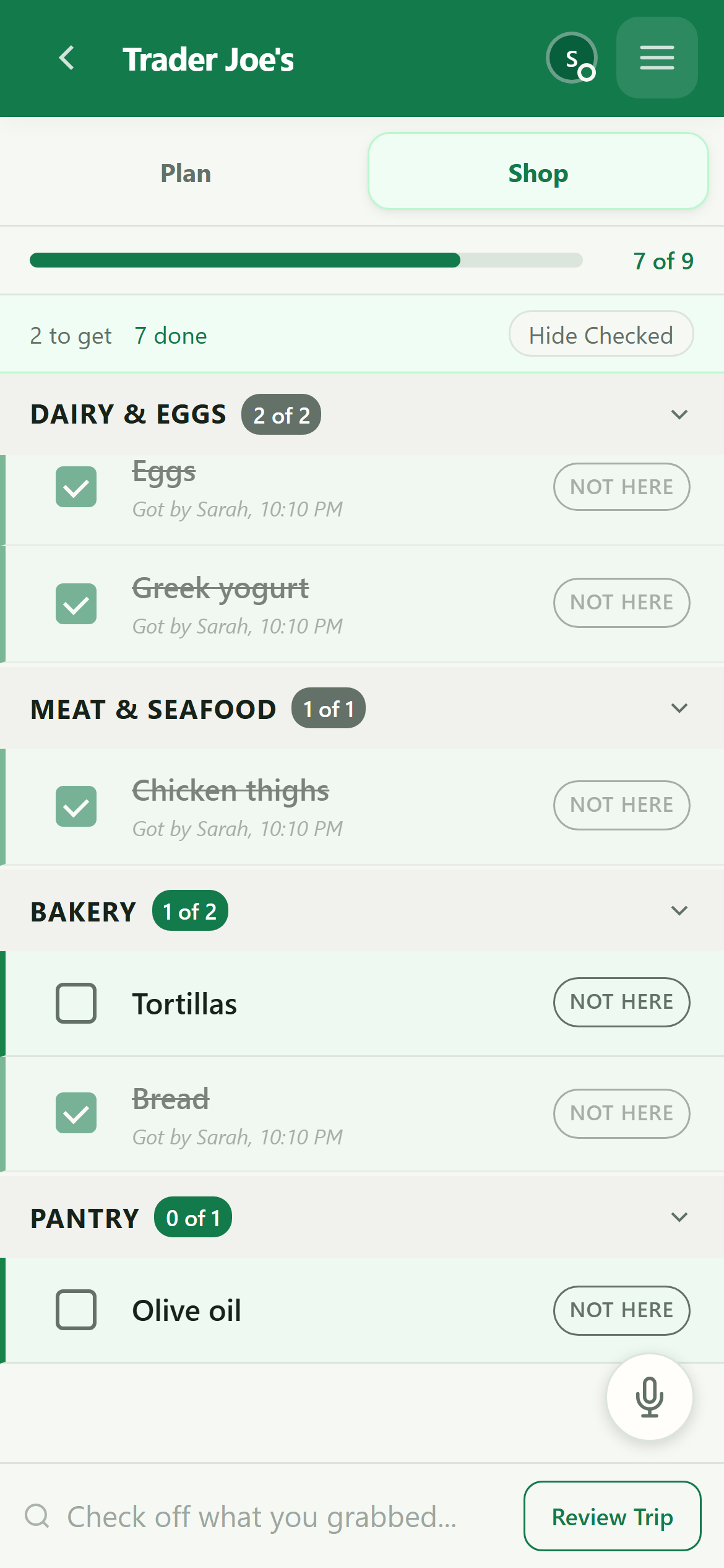 Shopping in progress with one item checked off