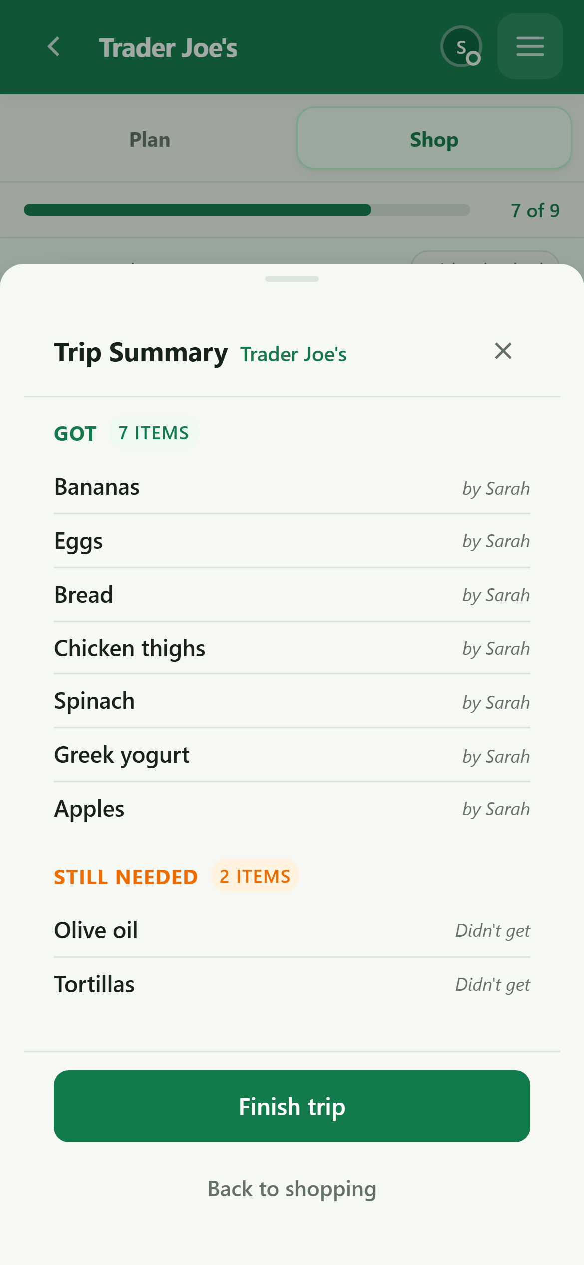 Trip summary with Got, Still needed, and Finish trip